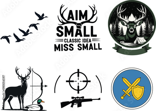Classic hunting and archery emblem collection featuring wildlife and weaponry