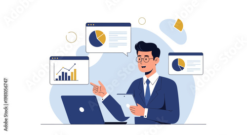 Businessman analyzing charts and graphs on laptop and tablet, business analytics concept