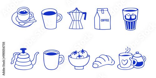 Hand drawn brunch cafe and bakery illustration, coffee cup, croissant, barista, cartoon mascot branding, logo design template, advertising posters, banners, stickers and print concept