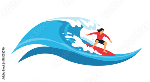 Surfer rides a massive blue ocean wave on a red surfboard in this dynamic flat graphic illustration.