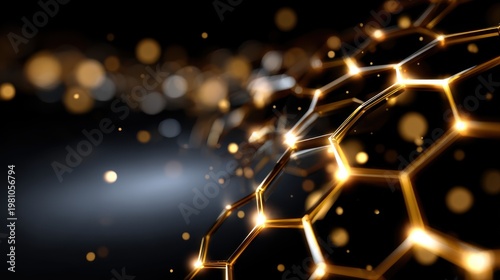 Futuristic golden hexagon network background with glowing connections and bokeh lights, 3D abstract technology concept