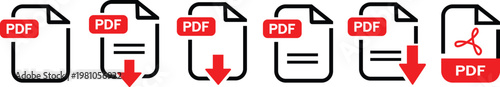 PDF file format icons set. PDF file download symbols. Format for texts, images, vector images, videos, interactive forms - stock vector.