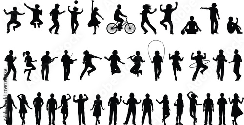 Silhouettes of people jumping, dancing, cycling, skipping rope, playing ball, walking, standing, vector illustration of fitness, recreation, active lifestyle