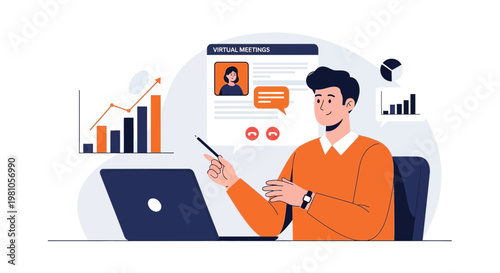 Man in virtual meeting, online collaboration, business growth, remote work concept