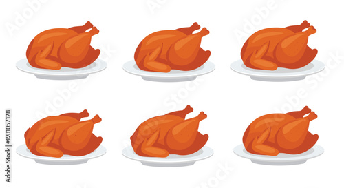 Six identical golden roasted whole chickens served on simple white ceramic plates are organized in a clean two-row grid against a white background now.