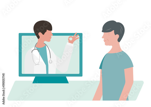 高齢男性にオンライン診療でOKサインをする医師のベクターイラスト素材