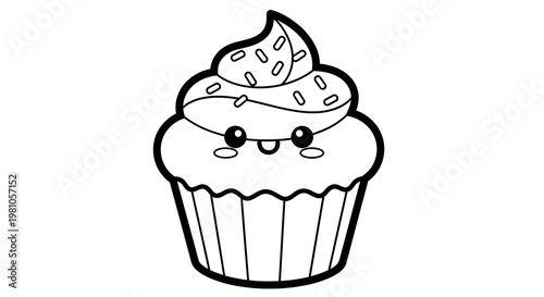 cute cartoon cupcake with sprinkles and smiling face for bakery branding and kids party decoration