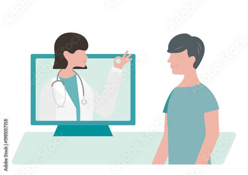 高齢男性にオンライン診療でOKサインをする女医のベクターイラスト素材