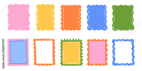 Hand drawn abstract backgrounds illustration, bold colorful wavy groovy shapes, minimal naive frames and borders for cards prints posters branding templates