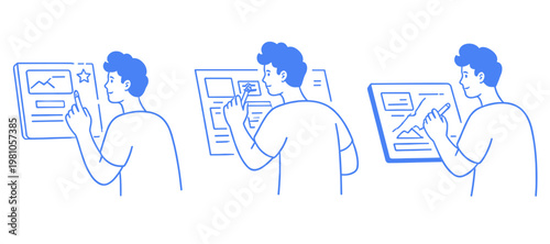 Hand drawn man working on touchscreen illustration, business design project, developer workplace, remote freelance work, laptop teamwork, digital presentation concept