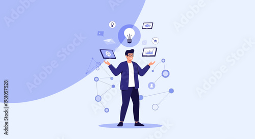 Businessman juggling technology, ideas, and data, representing multitasking and innovation