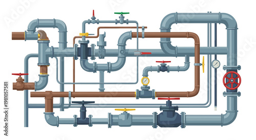 An intricate network of grey and copper industrial pipes featuring multiple colorful valves and pressure gauges is displayed in a complex schematic view.