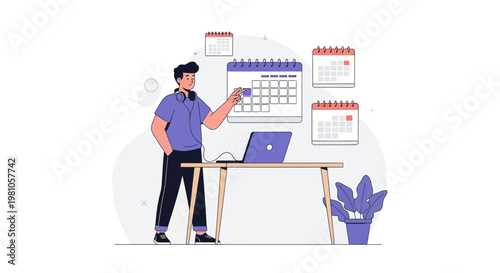 Man Planning Schedule on Calendar with Laptop, Time Management Concept
