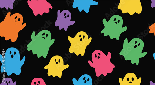 Colorful ghost characters in a vibrant Halloween scene at night