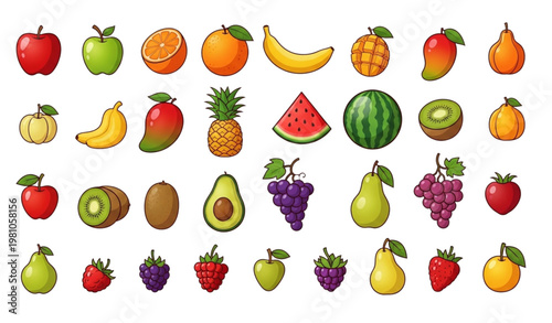 Colorful cartoon fruit collection set with tropical and farm fruits vector illustration isolated on white background for healthy food design