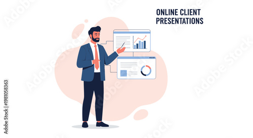 Businessman presenting online client presentations with charts and graphs