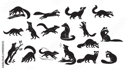 Silhouettes of ferrets with different movement styles. Cute animals running, sitting, standing. Vector animal set.