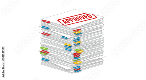 An immense stack of white paper documents displays a vibrant red approved rubber stamp and various multicolored indexing tabs across its thick vertical profile.
