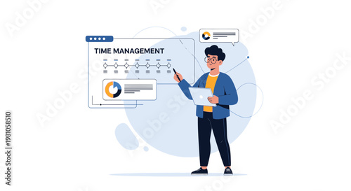 Businessman presenting time management strategy with timeline and charts on screen