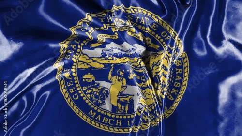 Nebraska State Seal Flag Emblem on Worn Blue Fabric Showing Historic Agricultural and Frontier Scene