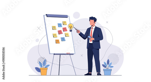 Businessman with Lightbulb Idea and Sticky Notes on Flip Chart