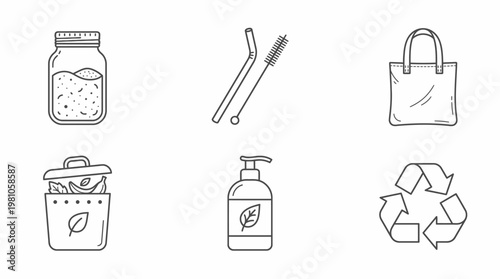 Hand-drawn doodle icons representing eco-friendly and sustainable lifestyle choices.