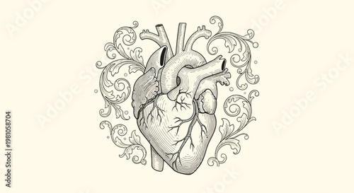 Anatomical heart illustration with decorative floral elements on a light background