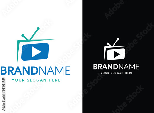 Modern Media TV Logo Template Vector with Play Icon and Broadcast Symbol