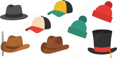 Collection of various stylish hats and caps including winter beanies cowboy hats fedoras and top hat flat vector illustration set.