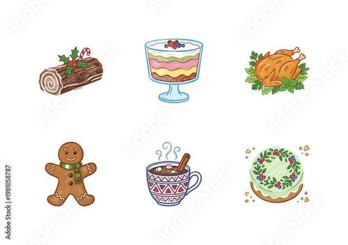 Traditional Christmas Food and Holiday Desserts with Inky Brush Strokes and Crayon Colorful Style