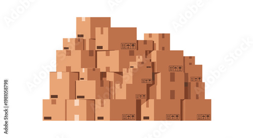 A massive and disorganized heap of brown cardboard shipping boxes in various dimensions is stacked into a tall pile against a plain white background in a studio.