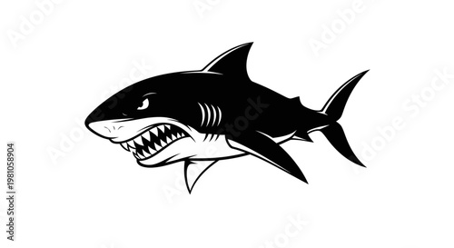 Black and white illustration of a fierce shark with open jaws on white