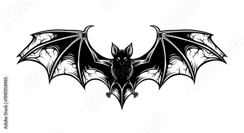 Black bat silhouette with outstretched wings isolated on white background