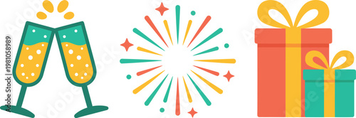 Colorful celebration icons with champagne glasses gifts and fireworks isolated on white background