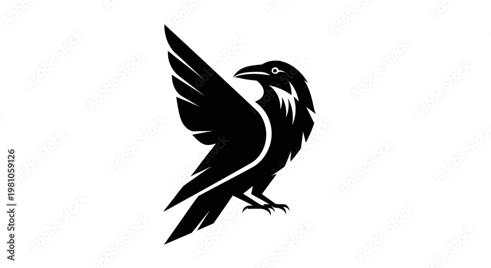 Fototapeta premium Black raven silhouette with outstretched wing against a white background