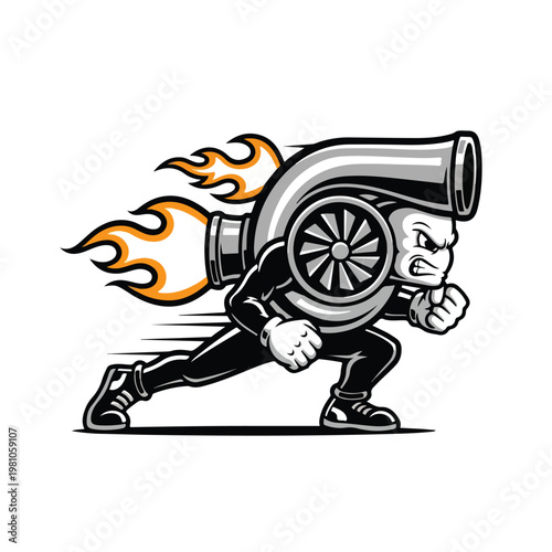 Cartoon turbo mascot character running fast with fiery exhaust trails and motion blur, conveying speed and power in a dynamic, aggressive pose against a clean white background
