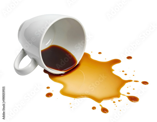 White mug tipped over, spilling dark liquid onto white surface