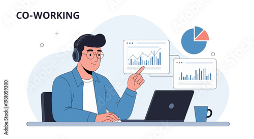 Co-working space with man analyzing data on laptop and charts