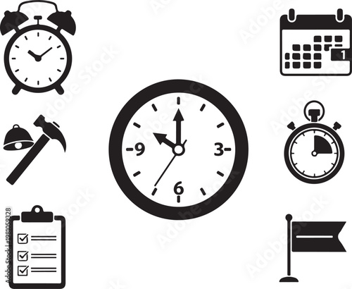 Black and white clock and time management alarm clock hammer