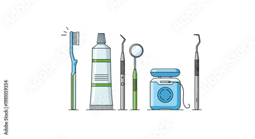 A comprehensive row of dental hygiene tools including a toothbrush, toothpaste tube, metal picks, a mirror, and blue dental floss on white surface.
