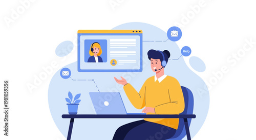 Customer service agent with headset and laptop, online support, communication concept