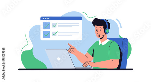 Customer service agent with headset and laptop, checklist on screen, helping clients online
