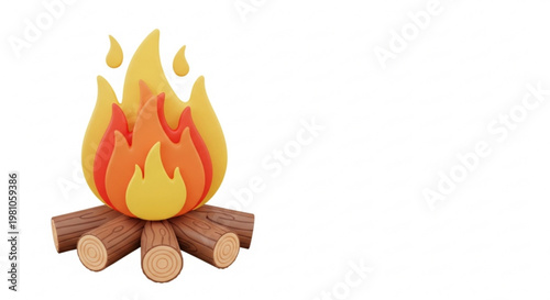 3D Rendered Cartoon Campfire with Burning Logs on White Background