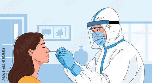 Medical professional in full protective gear performs a nasal swab test on a woman in a clinical hospital setting.