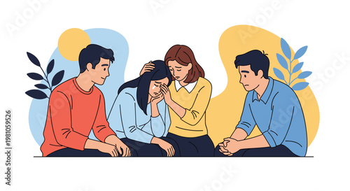 Diverse group of caring friends gathers around a crying woman to provide emotional support and comfort during a difficult time.