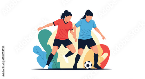 Female soccer players in red and blue jerseys compete for a ball against a background of colorful abstract shapes.