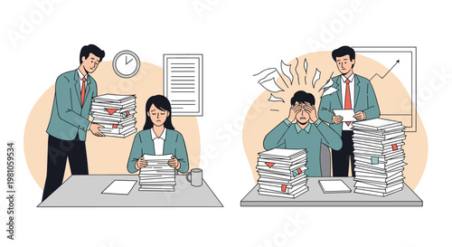 Male office workers struggle with excessive workloads and enormous stacks of paperwork on their desks at work.