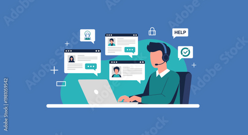 Customer Support Agent with Headset Working on Laptop, Online Communication Concept