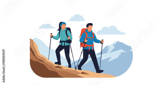 Young couple equipped with backpacks and walking poles enjoys a hiking adventure on a rocky mountain trail under clouds.