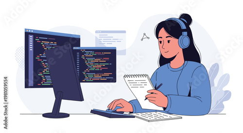 Focused female software developer wearing headphones works on computer code at her desk with multiple monitor screens.